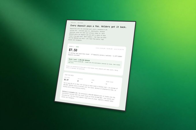 A digital document displayed at an angle against a green gradient background, titled 'Every deposit pays a fee. Holders get it back.' showing deposit pool statistics including a $7.59 fee amount, 1,388,460 $HOLDS tokens, and a $2.27 deposit fee.