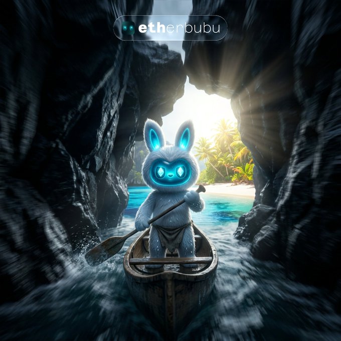 A glowing, furry creature paddles through a dark cave into a bright tropical paradise, with the "etherbubu" logo displayed at the top. The image symbolizes emerging from obscurity into a vibrant future, visually representing the anticipation of the memecoin bull run breaking through to a thriving market on Base.
