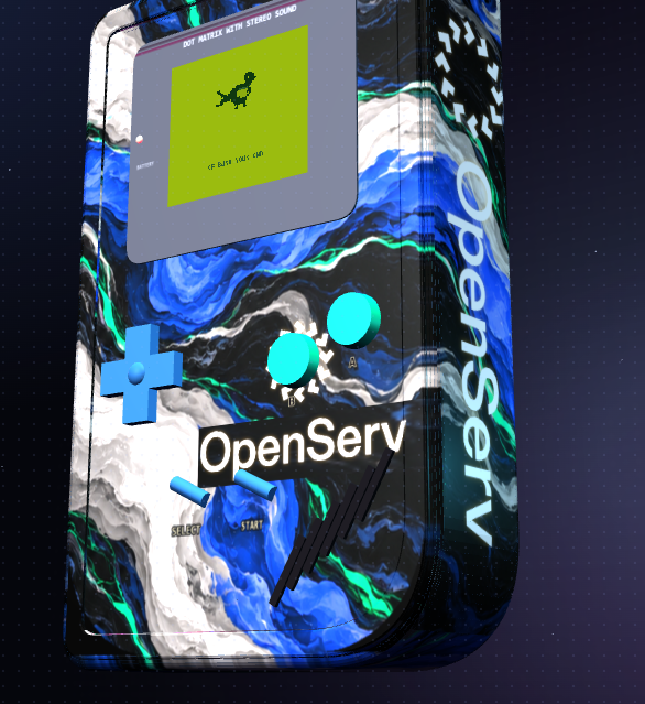 A 3D render of a modern handheld gaming console styled like a Game Boy, labeled 'OpenServ' with a blue and black marbled pattern.