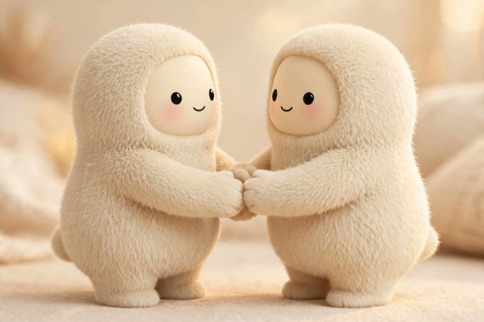 Two fluffy cream-colored cartoon characters hold hands and smile at each other against a soft, warm background.