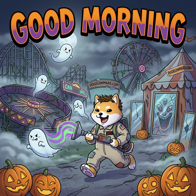 A cartoon Shiba Inu dog dressed as Ghostbusters character Venkman holds a ghost trap in an amusement park setting, with text reading 'GOOD MORNING' and 'dogeLonMars.com'.