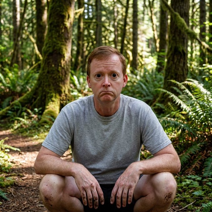 A man in a gray t-shirt squats in a lush forest setting with dirt on his hands and knees, making a confused or displeased facial expression.