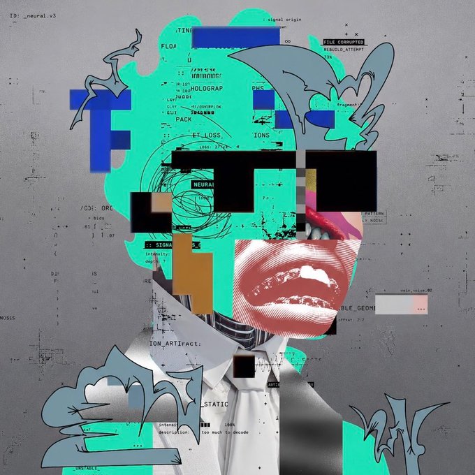 A glitchy, digital-collage style portrait featuring fragmented cyan and black shapes, code-like text fragments ('NEURAL', 'LOSS', 'SIGNAL'), and a photorealistic pair of lips and teeth against a gray background.