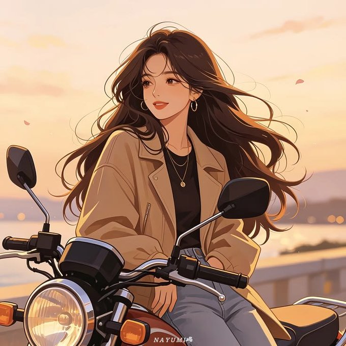 A stylish anime-style woman with long flowing hair sits on a motorcycle against a sunset backdrop, with the watermark "NAYUMI" visible at the bottom. The image relates to the post as a generic lifestyle/girl illustration that appears unrelated to the Web3 and River staking content, likely used as generic social media art.