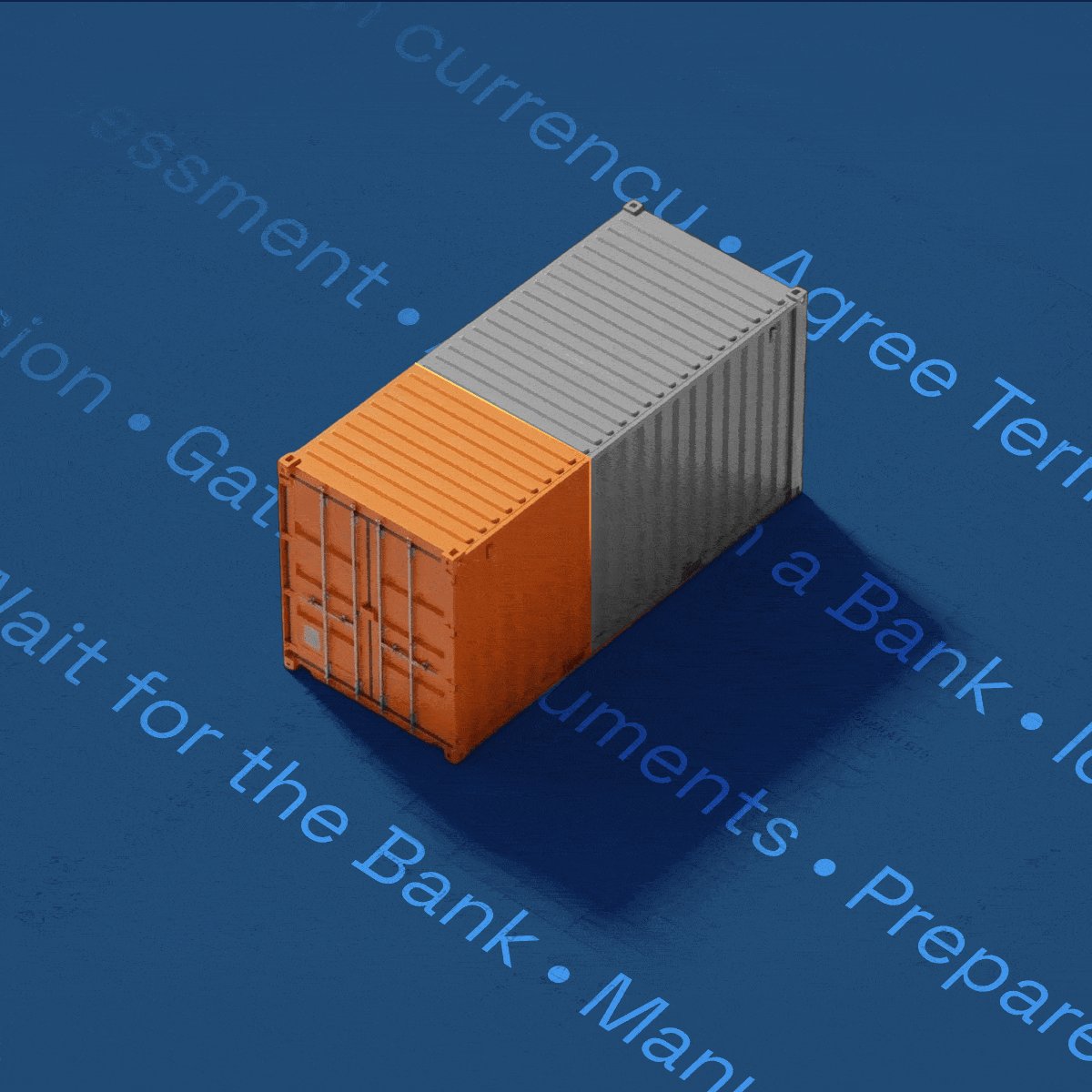 The image features a large orange shipping container with two gray sections, placed on top of blue text that reads "Aber wer bringt all diez eine Aktöre zusammen um das Problem zu Digitalisieren? Wie lange dauert es alle zusammen an einen Tisch zu bekommen?". The container is positioned in the center of the image, with its two gray sections placed on top. The blue text surrounding the container provides context for what it represents and how it relates to the post.