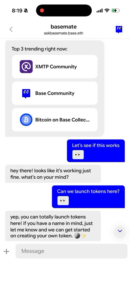 The image shows an iPhone screen displaying a conversation between two people, likely discussing a new integration with Bankr. The message includes text such as "Let's see if its works", indicating that they are testing or evaluating the integration. The conversation also mentions a token launch and a community suggestion for creating one.