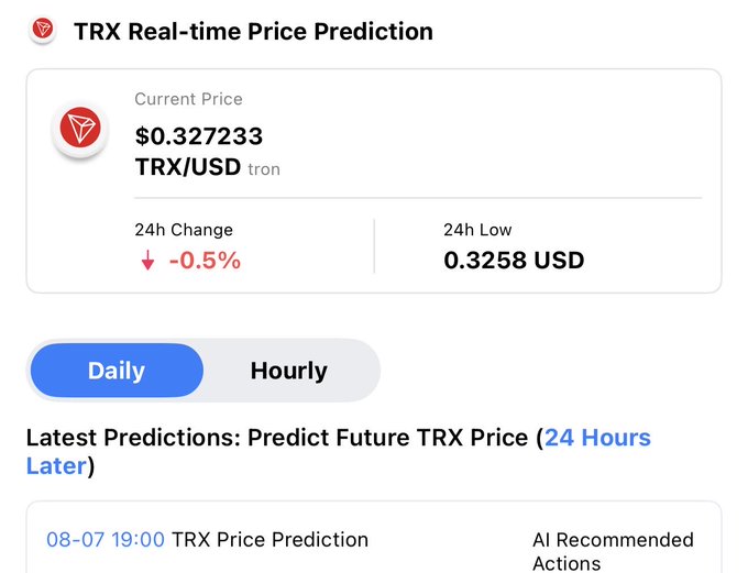 A screenshot of a "TRX Real-time Price Prediction" widget showing TRX/USD at $0.327233, down 0.5% over 24 hours, with a 24h low of 0.3258 USD, and a "Daily/Hourly" toggle featuring an "08-07 19:00 TRX Price Prediction" entry—visually supporting the post's claim that the AI Research Engine SWFTGPT is providing real-time market signals and recommended actions for $TRX.