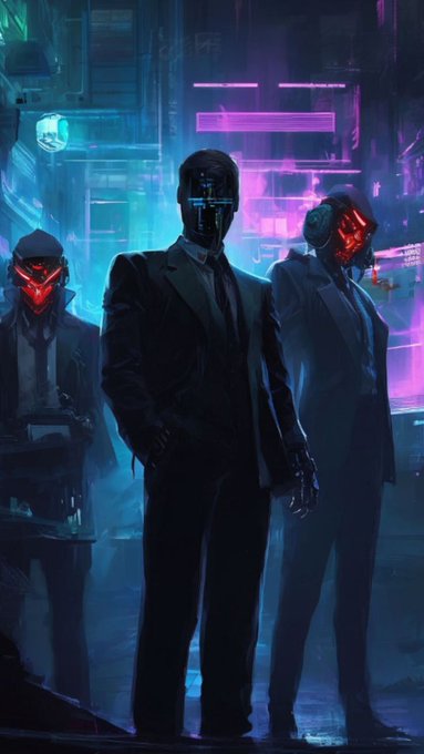 A cyberpunk-style digital artwork featuring three figures in suits wearing glowing red visors or masks, standing in a neon-lit cityscape.