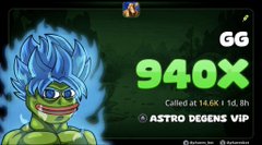 Crypto betting interface showing a 940x multiplier payout with text 'Called at 18.0K | 18.8%' and 'ASTRO DEGENS VIP' alongside a blue-haired anime-style character.