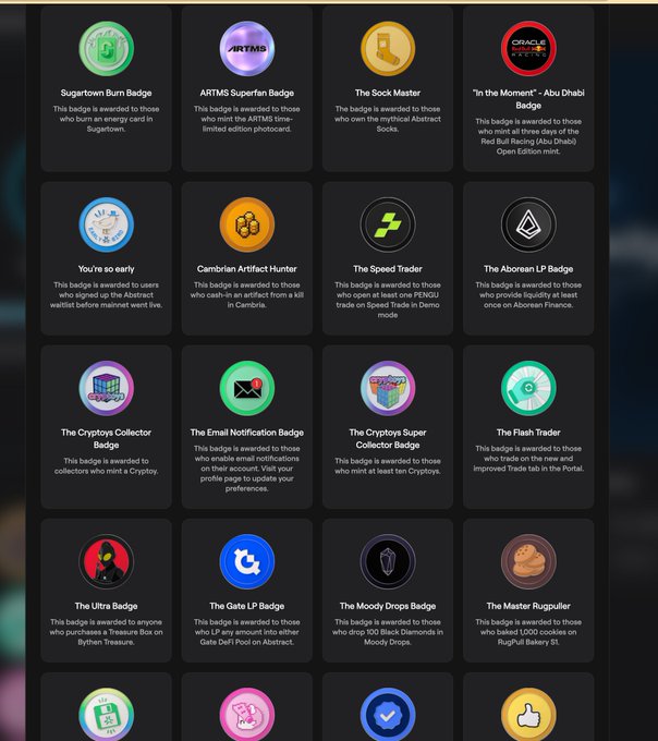 A screenshot displays a collection of digital achievement badges on a dark background, featuring various titles such as "Sugartown Burn Badge," "ARTMS Superfan Badge," "The Sock Master," "In the Moment - Abu Dhabi Badge," "The Albrean LP Badge," and "The Moodly Drops Badge."