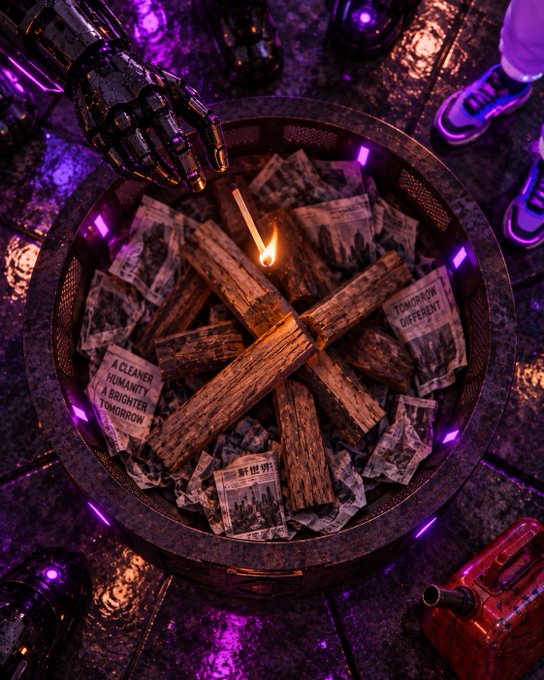 A futuristic fire pit filled with newspapers displaying dystopian headlines like 'A CLEANER HUMANITY, A BRIGHTER TOMORROW' and 'TOMORROW DIFFERENT', illuminated by purple neon lights with a robotic hand hovering above.