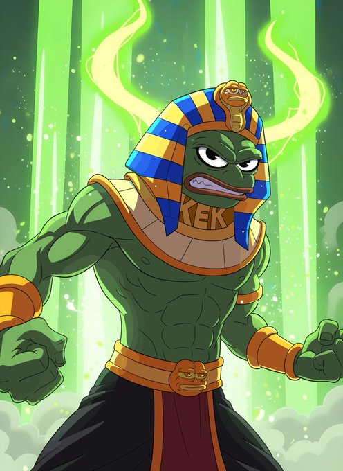A muscular green Pepe the Frog dressed as an Egyptian pharaoh with a blue and gold striped nemes headdress stands in a dynamic battle pose against a glowing green energy backdrop. The collar features the text "KEK," reinforcing the meme's playful invocation of the ancient Egyptian deity Kek as a symbol of internet culture and ironic mysticism.