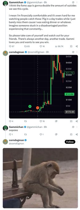 A series of tweets from 'Gammichan' discusses a Fomo app doubling suicides, accompanied by a candlestick chart for the 'fomo' token showing a price of $14.4M, and a reposted image of a monkey sitting on a park bench.