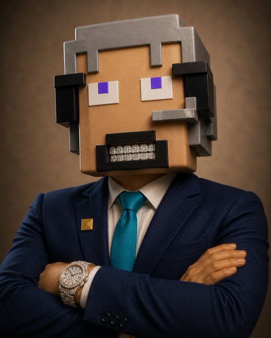 A surreal portrait of a person wearing a navy blue suit, teal tie, and diamond-encrusted watch, but with a blocky, pixel-art style cardboard box for a head featuring purple eyes and jeweled teeth.