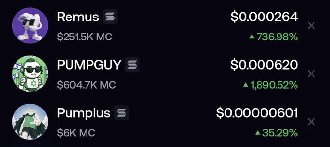 A screenshot showing three meme coins—Remus ($0.000264, +736.98%), PUMPGUY ($0.000620, +1,890.52%), and Pumpius ($0.0000601, +35.29%)—with tiny market caps ranging from $6K to $604.7K. The post "At least everyone is rekt" humorously references how these micro-cap coins appear successful percentage-wise but remain essentially worthless due to their negligible market valuations.
