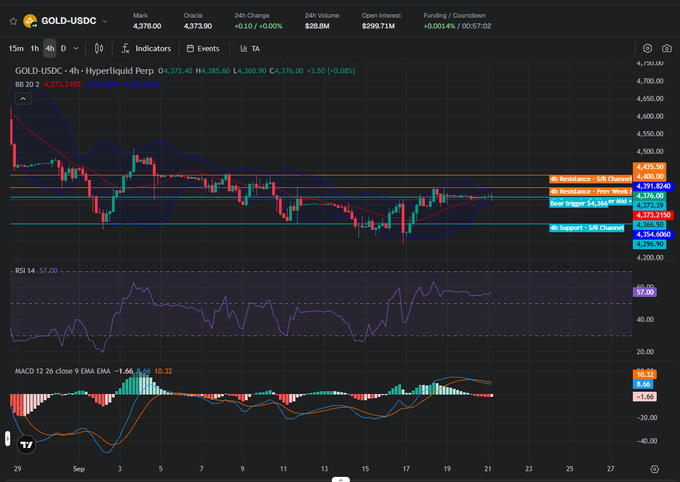 TradingView chart for GOLD-USDC on Hyperliquid Perp, showing price at 4,376.00, RSI 14 at 57.00, and MACD indicators with support/resistance levels marked.