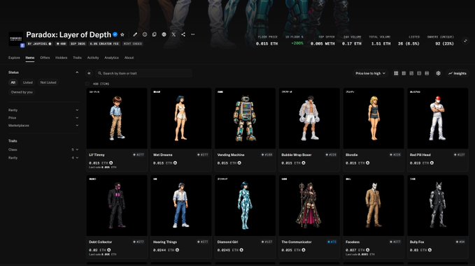 An NFT marketplace page for 'Paradox: Layer of Depth' showing various avatar collectibles including Lil' Timmy, Wet Dreams, Vending Machine, Bobble Wing Boxer, Blocko, Red Pit Head, Odd Collector, Howling Things, Diamond Girl, The Communicator, Fossilized, and Bully Fox with their ETH prices.