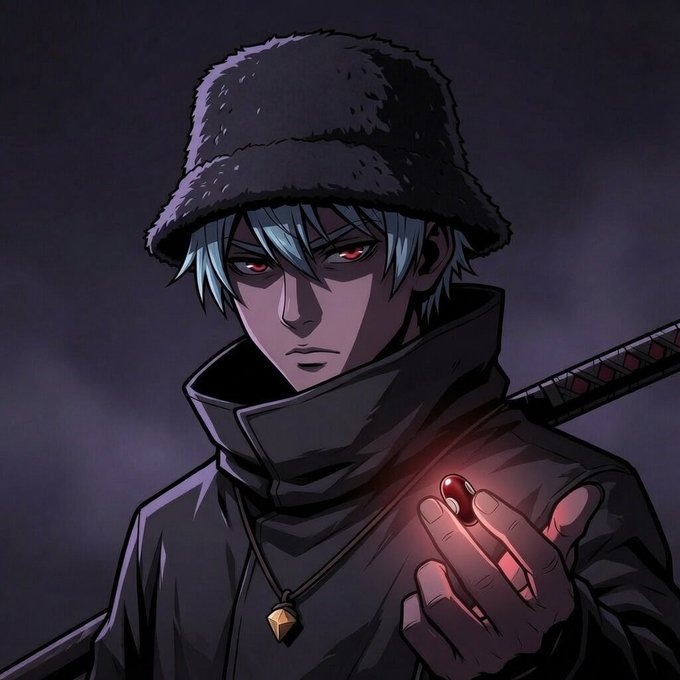 Anime-style portrait of a young man with silver hair and red eyes wearing a fur hat and dark coat, with a sword strapped to his back.