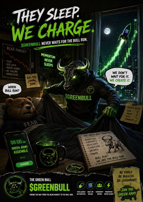 A promotional poster for '$GREENBULL' features the tagline 'THEY SLEEP. WE CHARGE.' and depicts an anthropomorphic green bull waking a sleeping bear in a room with bearish and bullish charts.