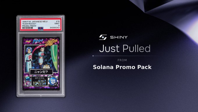 A PSA-graded Pokemon Team Rocket Japanese Meiji promo card featuring 'ニャンだ?' (Team Rocket's Mewtwo) displayed on a Shiny trading platform 'Just Pulled From Solana Promo Pack'.