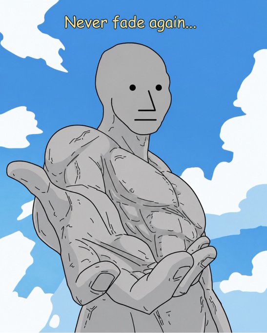 The image features a gray stone statue of a muscular man with his arms outstretched, as if he's about to lift something or someone. The background shows a blue sky filled with clouds, creating an artistic and visually appealing scene. The caption at the bottom of the image reads "It's time to join the $NPC Buy before it's too late...", which is likely a reference to the popular video game series "$NPC".