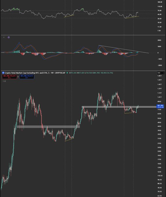 A financial trading chart displaying the 'Crypto Total Market Cap Excluding BTC and ETH' on a 1-week timeframe (CRYPTOCAP), with price indicators around 783.765 and 802.766.