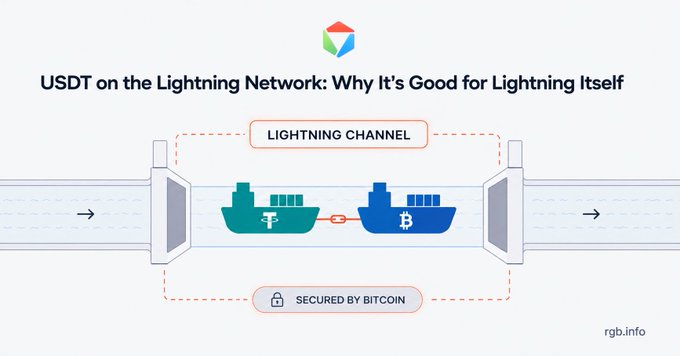 An infographic titled 'USDT on the Lightning Network: Why It's Good for Lightning Itself' depicting two ships (one with a dollar sign, one with a Bitcoin logo) connected by a chain within a Lightning Channel secured by Bitcoin.