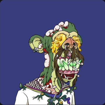 A grotesque cartoon illustration of a zombie-like figure with decayed flesh, worms, and melting features wearing a white shirt against a solid blue background.