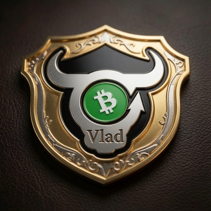A shield-shaped emblem with a bull logo, a green Bitcoin symbol in the center, and the name 'Vlad' engraved on it.