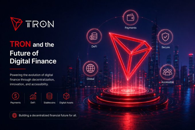 A promotional graphic for TRON titled 'TRON and the Future of Digital Finance,' highlighting features like Payments, DeFi, Global, Secure, and Accessible with a glowing red TRON logo against a city skyline.