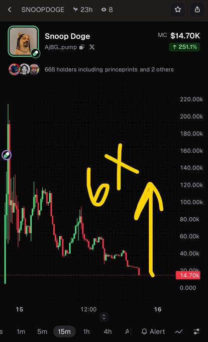 A cryptocurrency chart for 'Snoop Doge' (SNOOPDOGE) showing a market cap of $14.70K with a 251.1% increase, overlaid with hand-drawn 'bt' and an upward arrow.