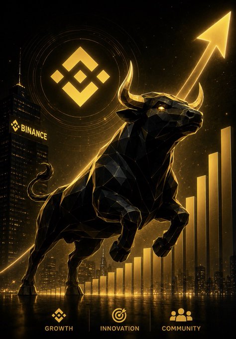 A digital art promotional graphic featuring the Binance logo, a golden bull statue leaping forward with an upward arrow, and the labels GROWTH, INNOVATION, and COMMUNITY.