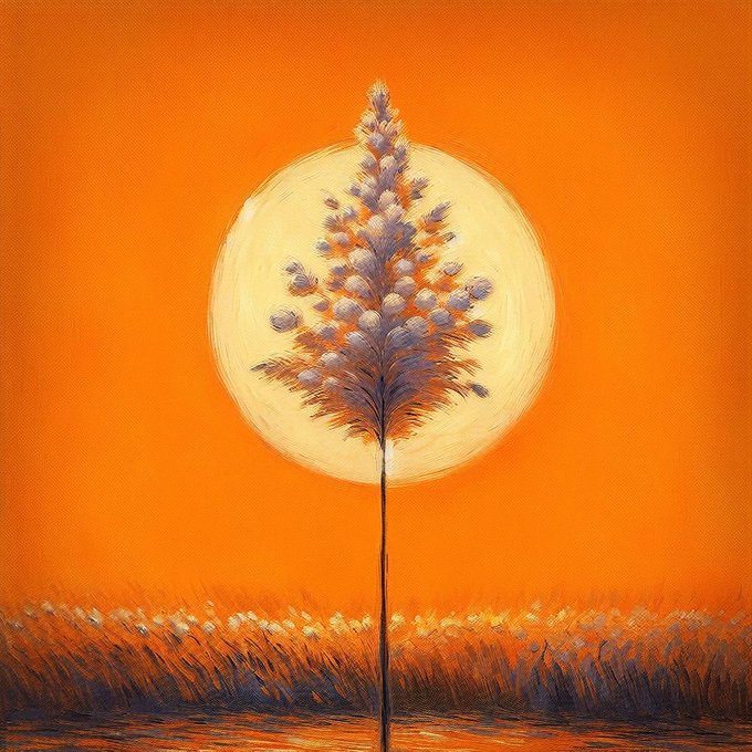 An impressionistic painting of a single tall, feathery plant centered against a large pale yellow sun and a vibrant orange sky, with a field of brushstrokes at the base.