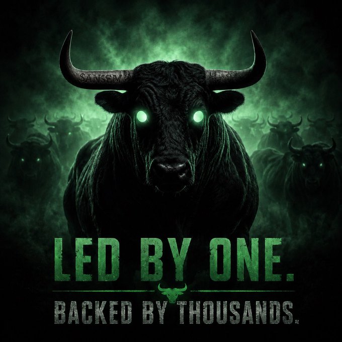 A dark, stylized graphic of a black bull with glowing green eyes and horns, with the text 'LED BY ONE. BACKED BY THOUSANDS.' and 'CANKEM' visible on a horn.