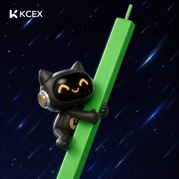A 3D-rendered black robot character with cat ears and a digital smile face hugging a large green vertical bar, set against a dark starry sky with shooting stars, branded with the 'KCEX' logo in the corner.