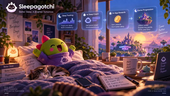 A promotional banner for 'Sleepagotchi' featuring a green cat-like character in a bed, with text promoting sleep tracking, AI sleep coach features, and in-app rewards.