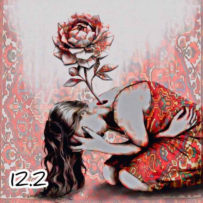A stylized digital artwork featuring a woman with long dark hair embracing a kneeling figure in a red patterned dress, with a large rose blooming where their faces meet, labeled '12.2' in the bottom left.