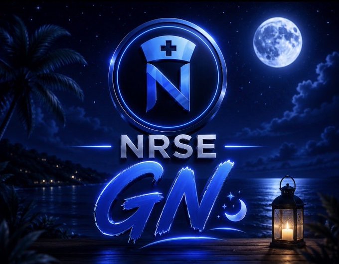 A nighttime beach scene with a full moon, palm trees, and a glowing lantern displays the "NRSE" logo above the stylized text "GM." (good morning) — though the post is a sign-off for the day, making the morning greeting playfully ironic alongside the moonlit, end-of-day vibe.
