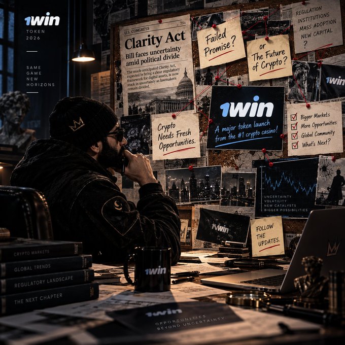 A moody promotional scene for '1WIN TOKEN 2026' shows a man in a beanie studying a corkboard cluttered with notes including 'Clarity Act', 'Failed Promise?', and 'A major token launch from the #1 crypto casino!'.