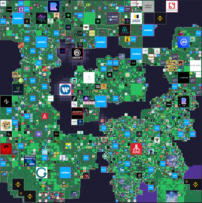 A world map mosaic made up of thousands of tiny images representing various brands, logos, and game/company icons including Ubisoft, Atari, Words With Friends, and others.