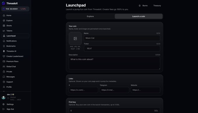 A screenshot of the ThreaX Launchpad interface for launching a pump.fun coin, showing a coin named 'Moon Cat' with the ticker 'MCAT' being created.