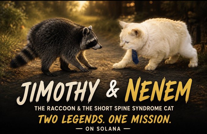 Promotional artwork for 'JIMOTHY & NENEM' on Solana features a raccoon facing a white short spine syndrome cat wearing a blue tie, with the tagline 'TWO LEGENDS. ONE MISSION.'