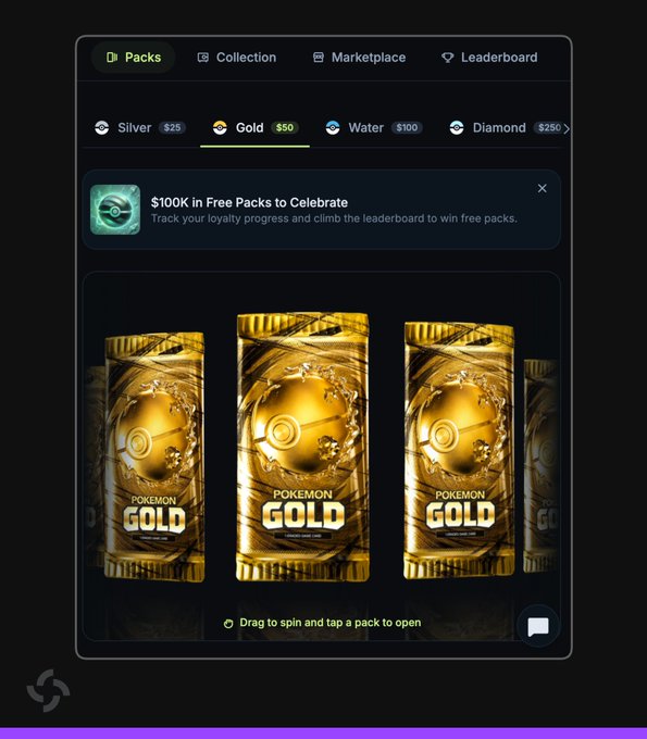 Screenshot of a digital Pokémon card pack opening interface showing gold "Pokémon Gold" packs available in Silver ($25), Gold ($50), Water ($100), and Diamond ($250) tiers, with a banner offering $100K in free packs.