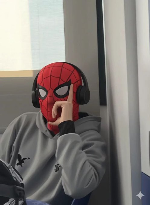 A person wearing a Spider-Man mask and gray hoodie sits by a window with black headphones on, resting their chin on their hand.