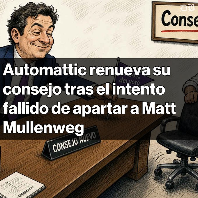 An editorial cartoon illustration showing a man placing a "del voto" flag on a desk labeled "CONSEJO NUEVO", with Spanish text reading "Automattic renueva su consejo tras el intento fallido de apartar a Matt Mullenweg".