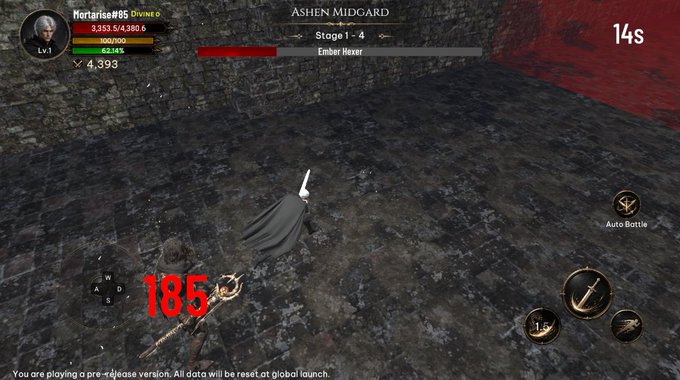 A screenshot from a video game called 'ASHEN MIDGARD' shows a cloaked character with a sword in a dark stone environment, with health bars and combat UI visible.