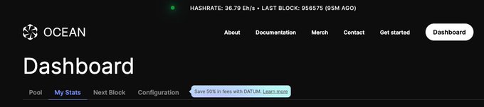 OCEAN Dashboard interface displaying 'My Stats' tab with hashrate of 36.79 Eh/s and last block 958575, including navigation tabs for Pool, Next Block, and Configuration.
