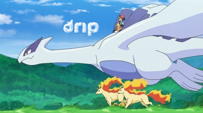 A trainer rides a white dragon alongside two fire-type Pokémon across a green landscape, with the text "dnp" floating in the sky. The image ties into the post's invitation to expand one's collection, using the trainer-and-Pokémon theme as a playful metaphor for collecting and choosing a new "card" to add.