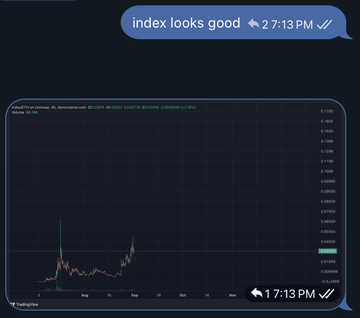 Chat screenshot showing a cryptocurrency price chart with text messages 'index looks good' and '✓ 7:13 PM' along with the time stamp.