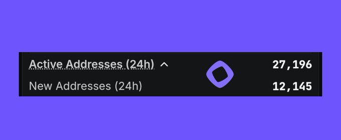 Statistics panel showing 27,196 Active Addresses (24h) and 12,145 New Addresses (24h) with the Monad logo.